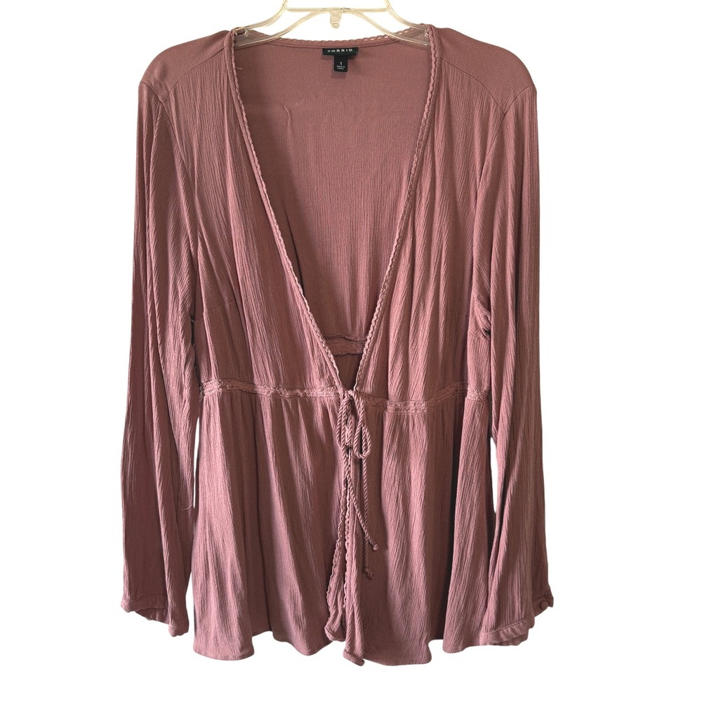 Torrid Women's Dusty Rose Lace Trim Tie Front Kimono Top Plus Size‎